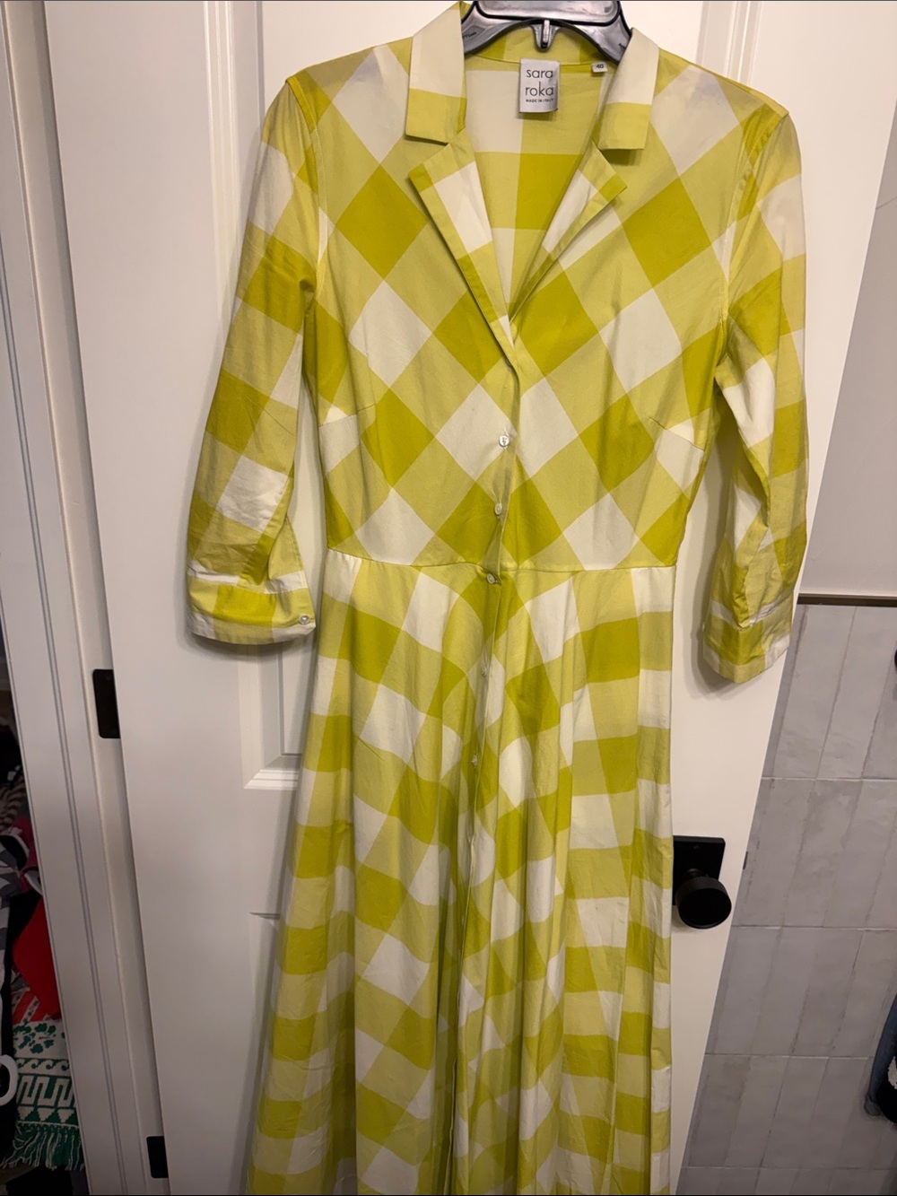 Sara Roka Lime Check Button-Front Maxi Dress